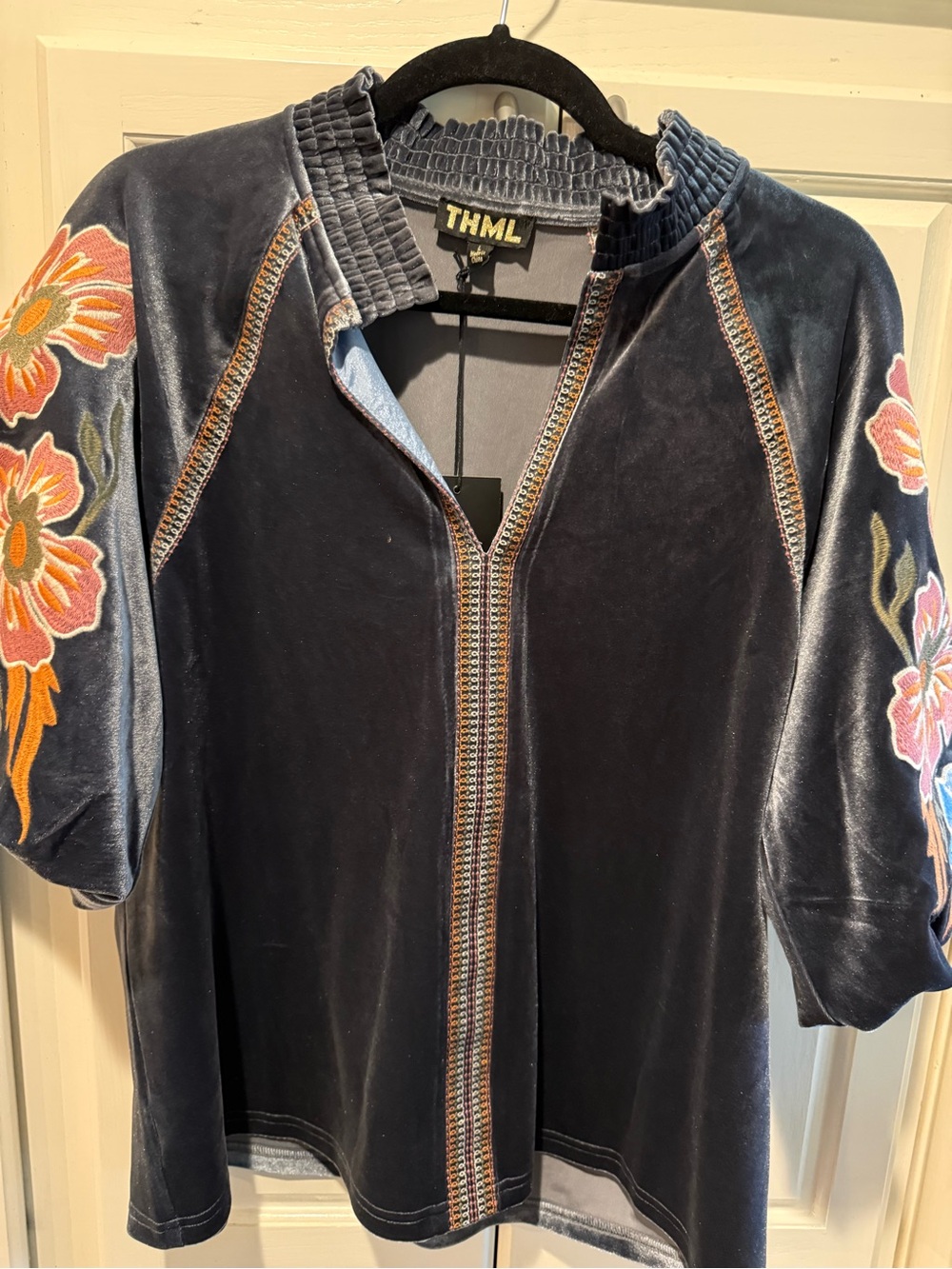 THML Navy Velvet Zip-Front Jacket with Floral Embroidered Sleeves